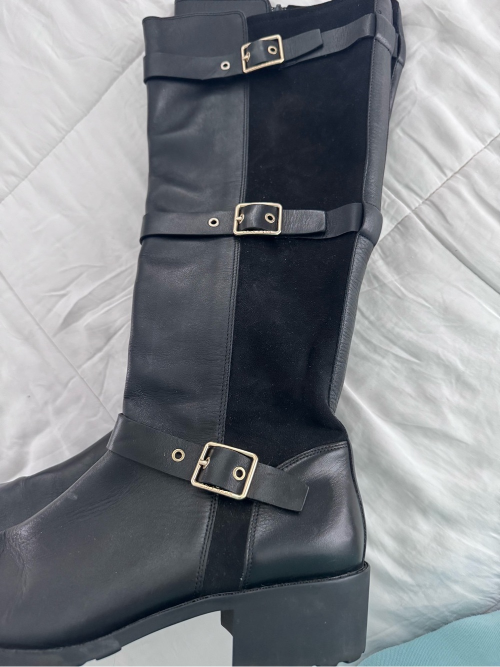 Cole Haan Black Leather and Suede Knee-High Buckle Boots